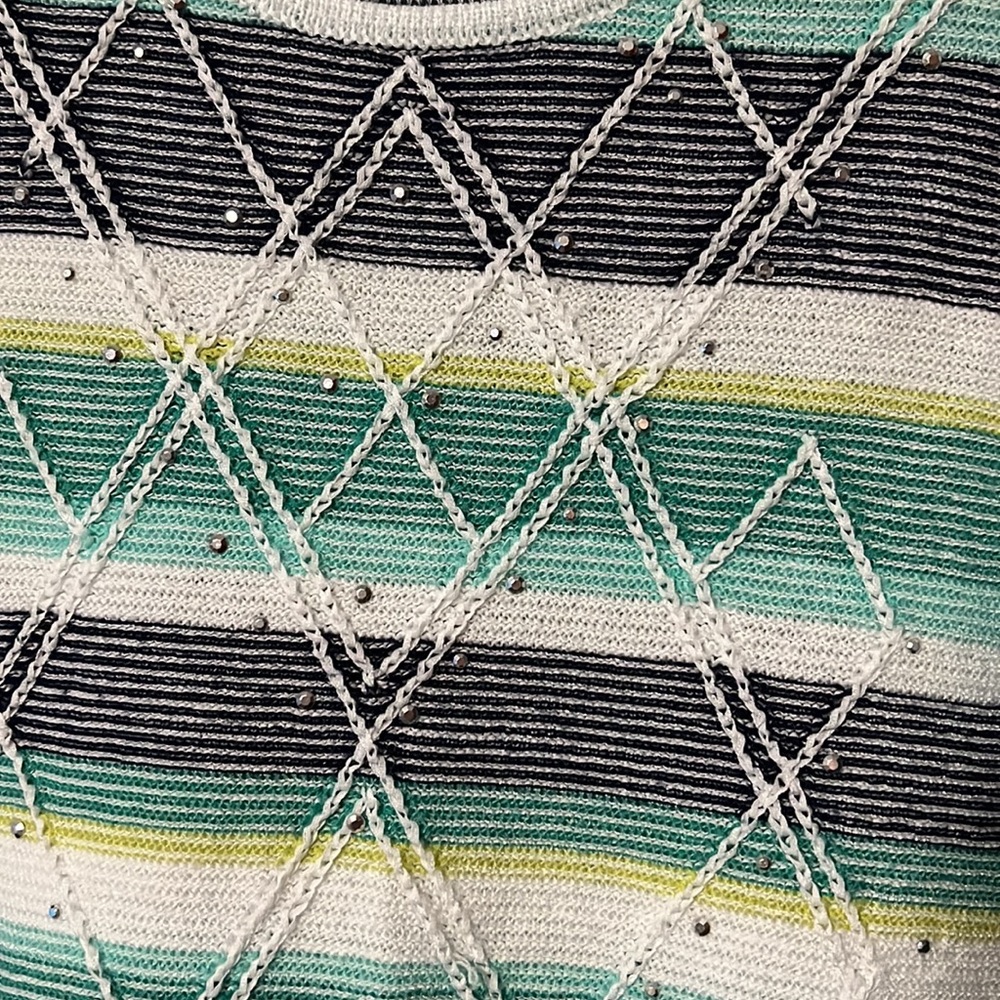 SALE Alfred Dunner Side striped Greens, White Navy 3/4 Sleeve Sweater - Picture 2 of 3